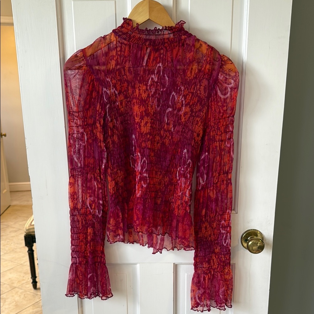 Free People Vibrant Sheer Blouse - Red and Purple